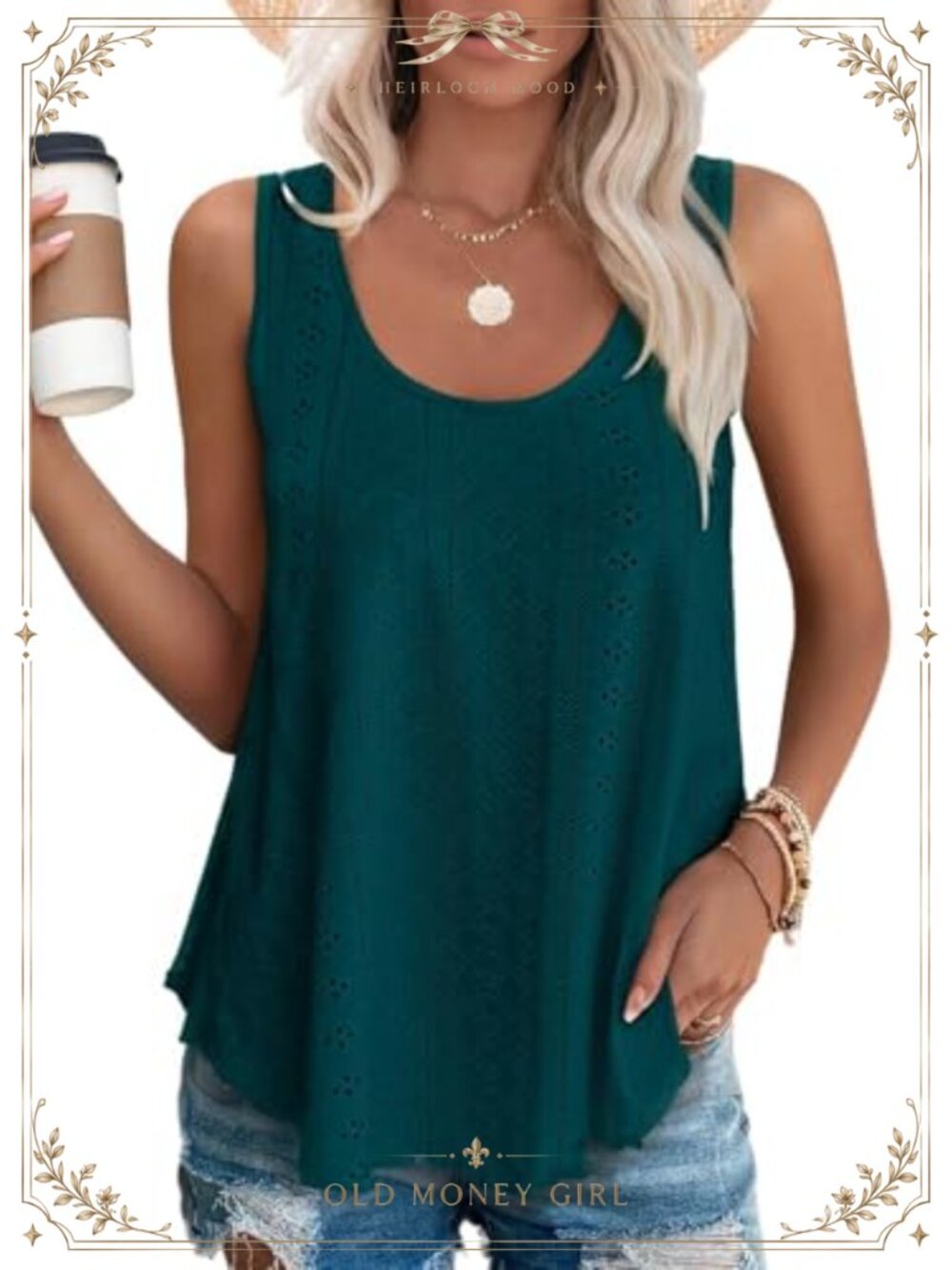Womens Tank Top Eyelet Embroidery Scoop Neck Loose Fit Sleeveless Summer Shirt